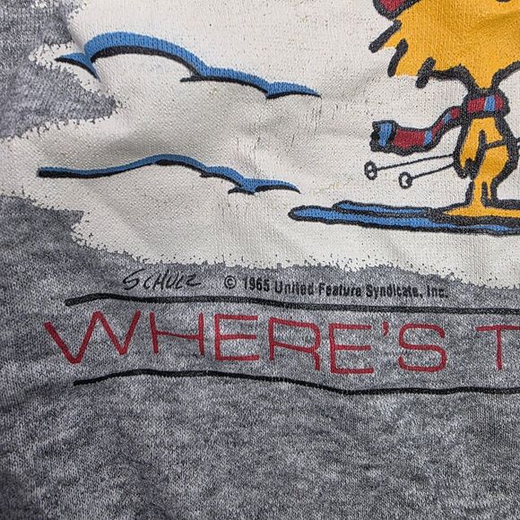 Vintage Peanuts Sweatshirt Large Gray Snoopy Skiing Where's The Chicks 80s USA - Picture 4 of 8